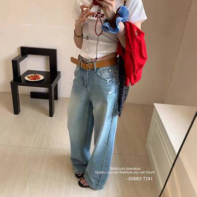 DIMO7281小马刺绣散钻美式阔腿裤女2026春新款做旧个性显瘦牛仔裤