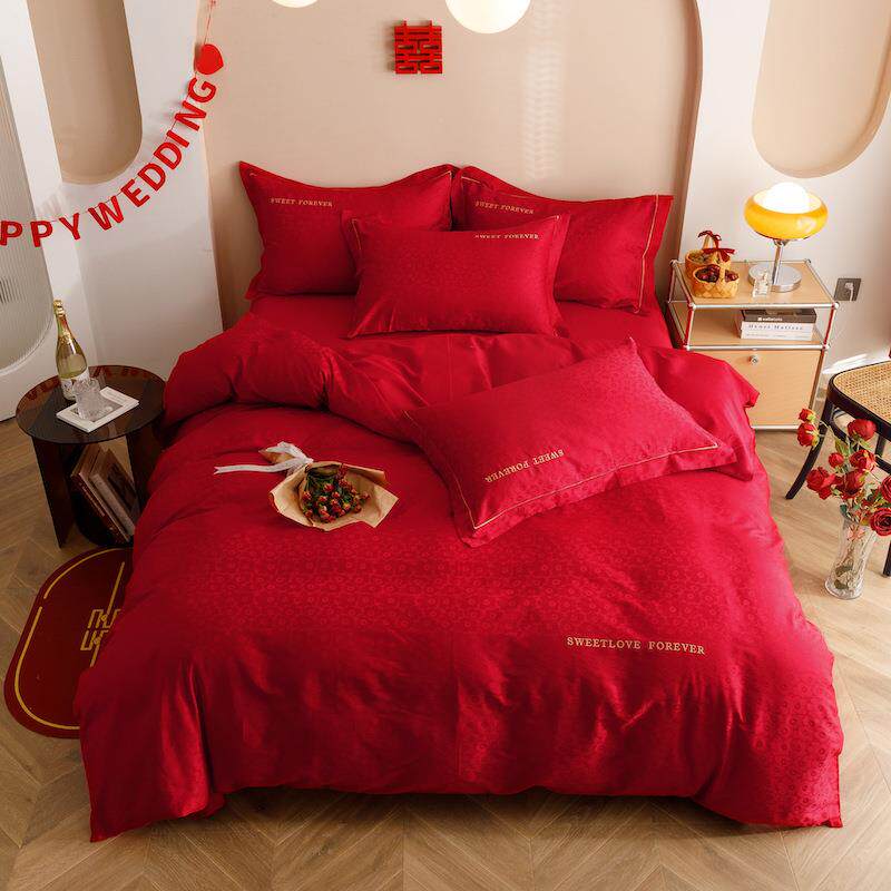 纯棉结婚床上用品四件套提花被套简约时尚长绒棉床单双人床四件套