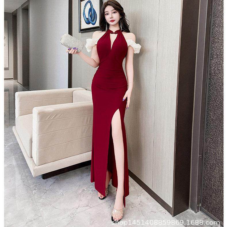 性感连衣裙女新款夜总店高级轻奢挂脖会所晚礼服沐足店柔式工作服