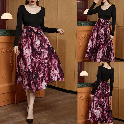 Women's long sleeved printed patchwork dress