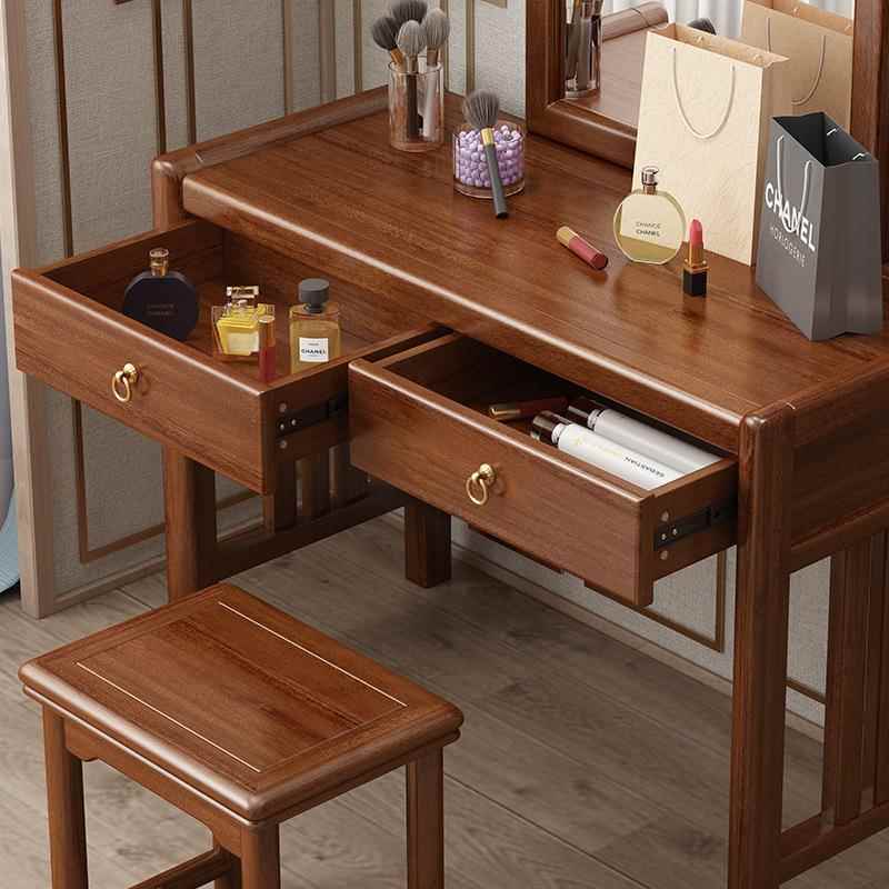 主收丝檀木中式实木梳妆台双抽纳方镜带妆凳卧轻奢现代QQX金简约