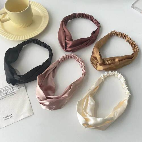Satin Silk Solid Cross Top Knot Headband Elastic Hair Band W