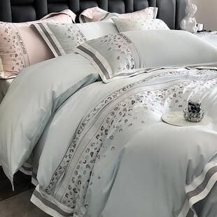 轻奢风超柔全棉四件套复古豹纹刺绣纯棉被套床单床上用品粉蓝色