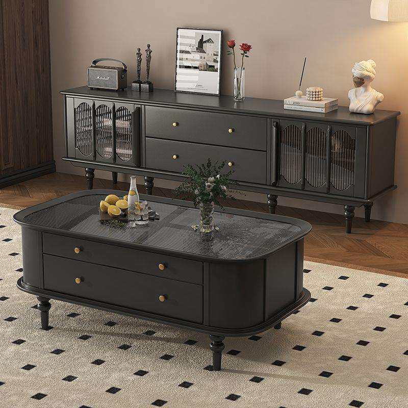 美式复古伸缩电视柜加边柜客厅高低组合柜黑色落地茶几轻奢高级感