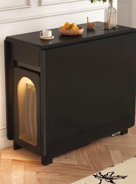 全实木折叠餐桌家用黑色覆古折叠桌小户型现代简约可伸缩移动饭桌