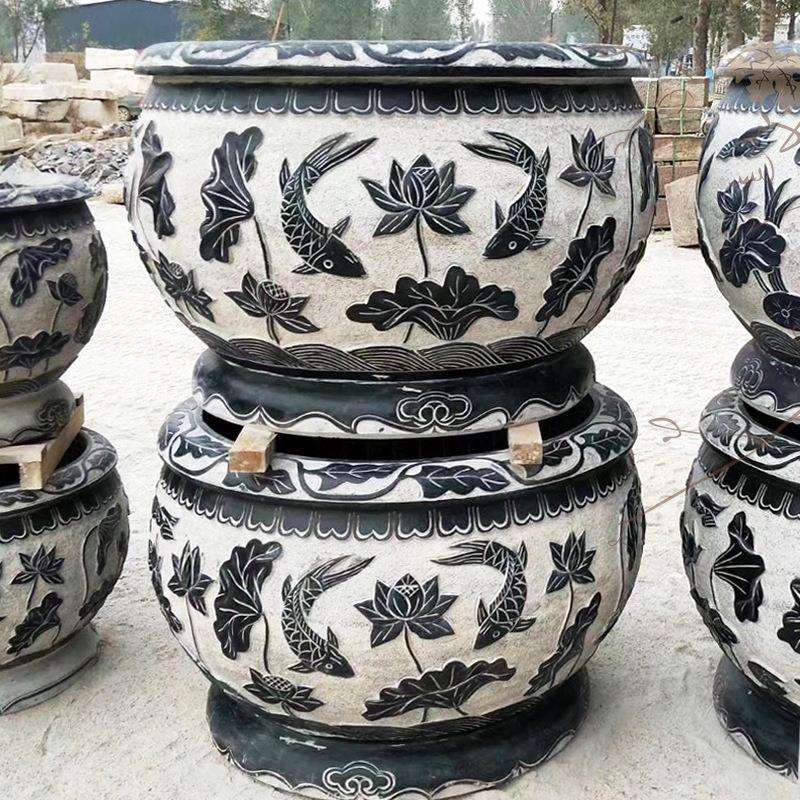 雕石鱼缸年水年有余仿古青石花盆养缸荷花缸广场庭院鱼阳台缸花盆