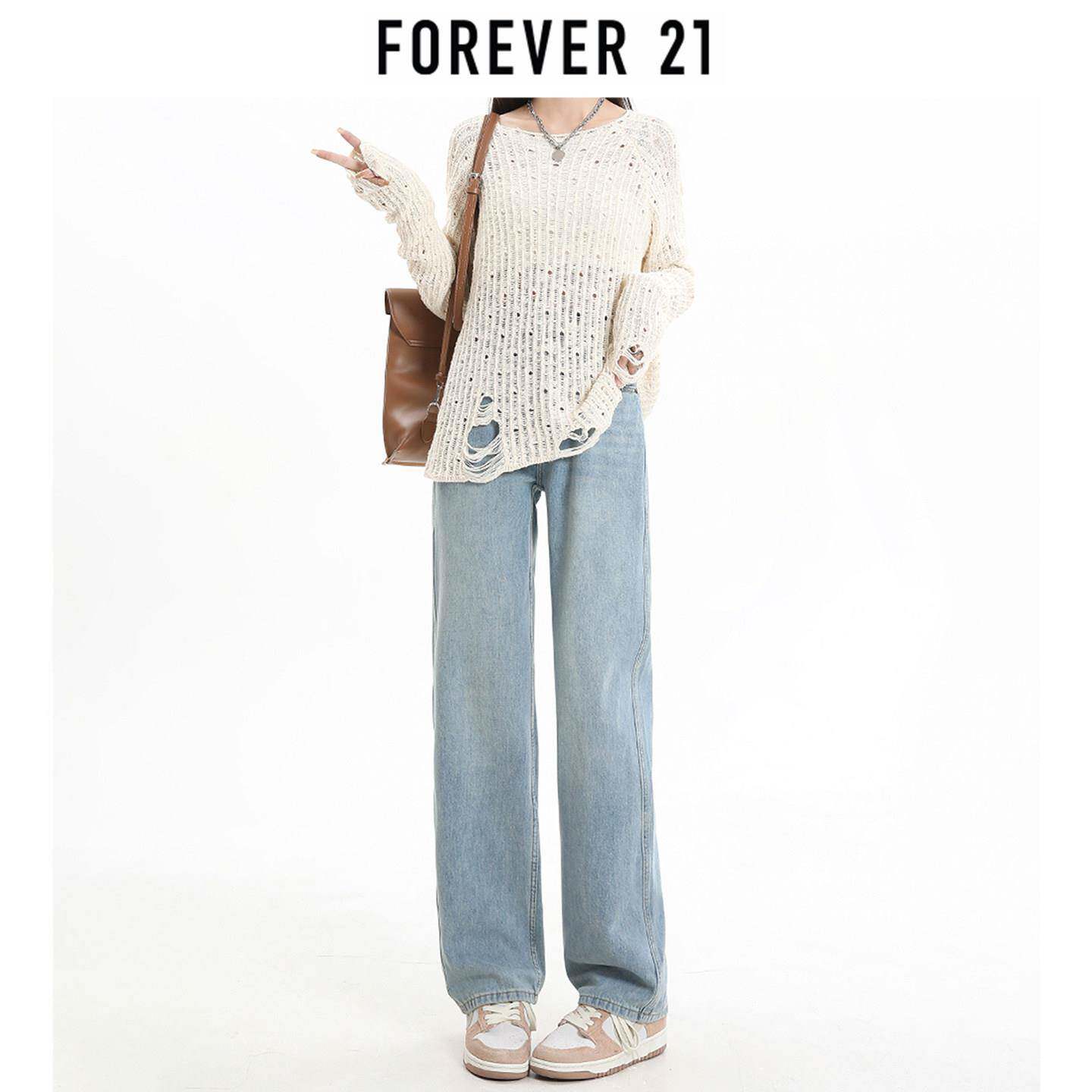 Forever 21浅色窄版阔腿牛仔裤女夏季2026小个子高腰显瘦直筒裤子
