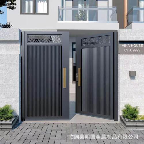 中式木纹院子大门铝艺大门 新中式铝艺门电动庭院门 别墅庭院大门