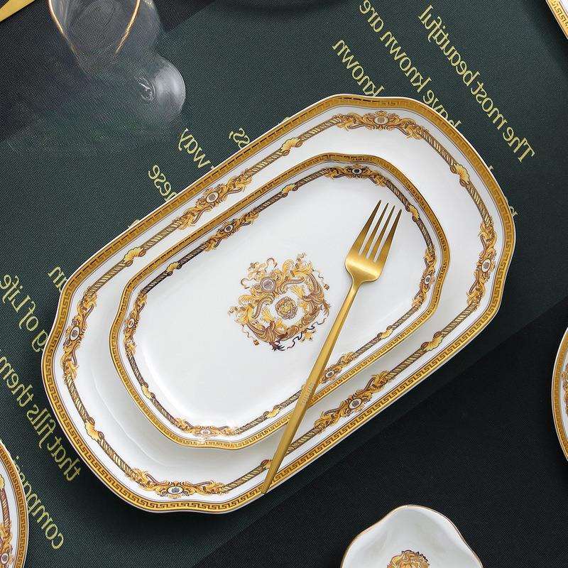 鱼盘子家用新款大号长方形大盘子骨瓷金边鱼盘餐具菜盘微波炉鱼盘