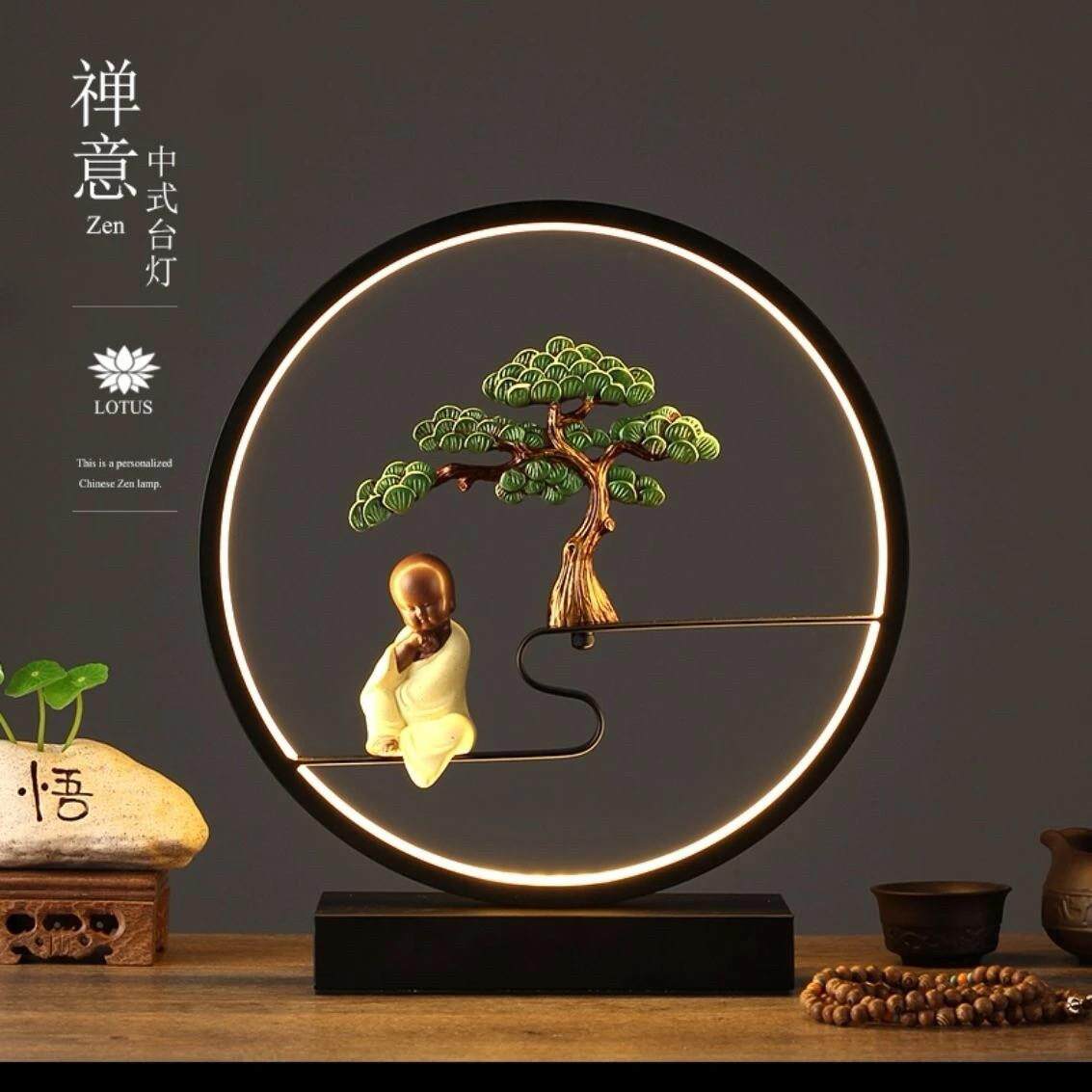新中式美甲台灯卧室床头灯遥控带插头线智能荷花书房茶几摆件壁灯