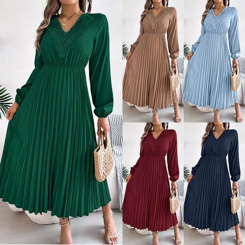 Elegant V-Neck Lace Trim Long Sleeve Ruffle Waist Midi Dress
