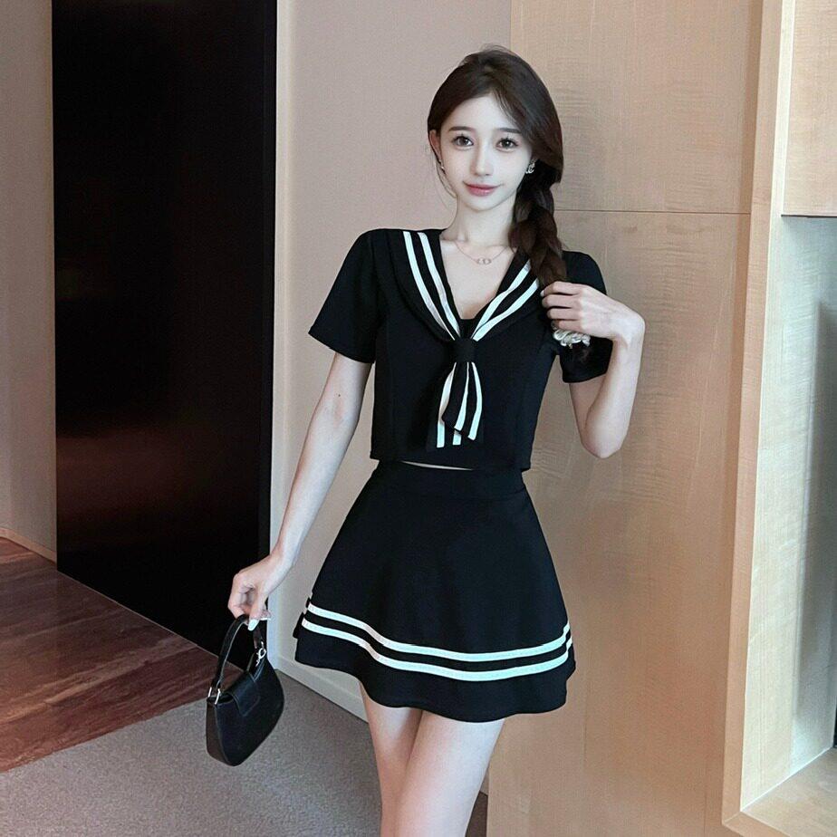 辣妹减龄制服两件套撞色低胸性感洋装足浴技师工作服夏装