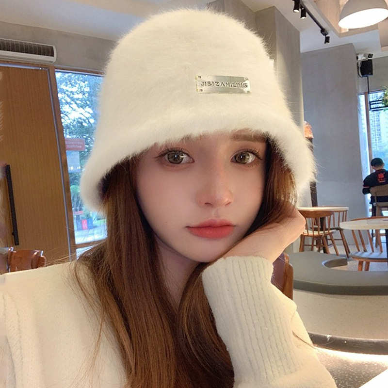 显脸小兔毛渔夫帽女秋冬百搭保暖大头围盆帽白色素颜毛绒水桶帽子