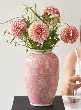 宋氏美学中式复古粉色青花瓷花瓶摆件陶瓷插花摆件客厅高级感花器
