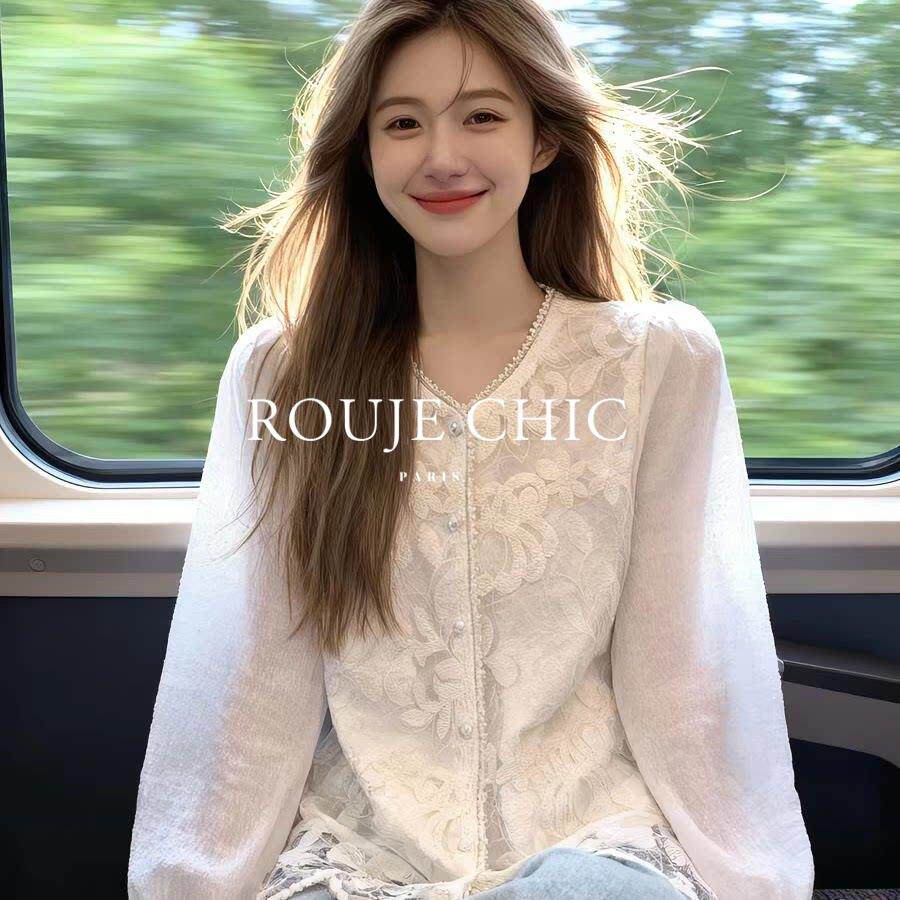 法国rouje chic春季重工白色蕾丝刺绣长袖衬衫女法式薄纱防晒衬衣