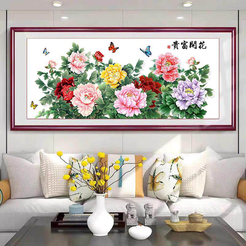 5D新款花开富贵客厅卧室背景钻石画满钻全贴牡丹花卉水晶钻十字绣