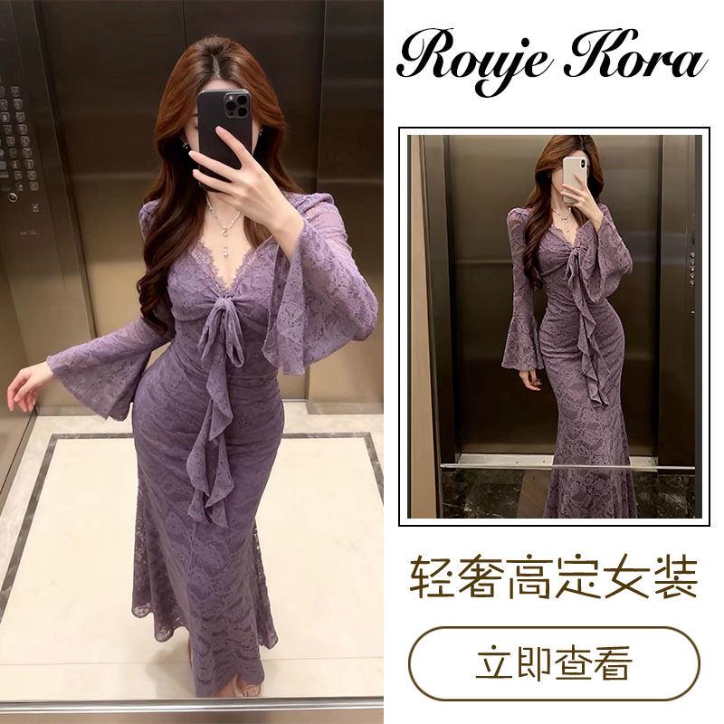 Rouje Kora御姐风蕾丝飘带连衣裙女士春季收腰显身材包臀鱼尾长裙