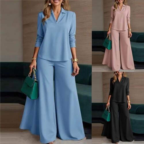 Solid Color Set V Neck Long Sleeve Criss Cross Blouse +