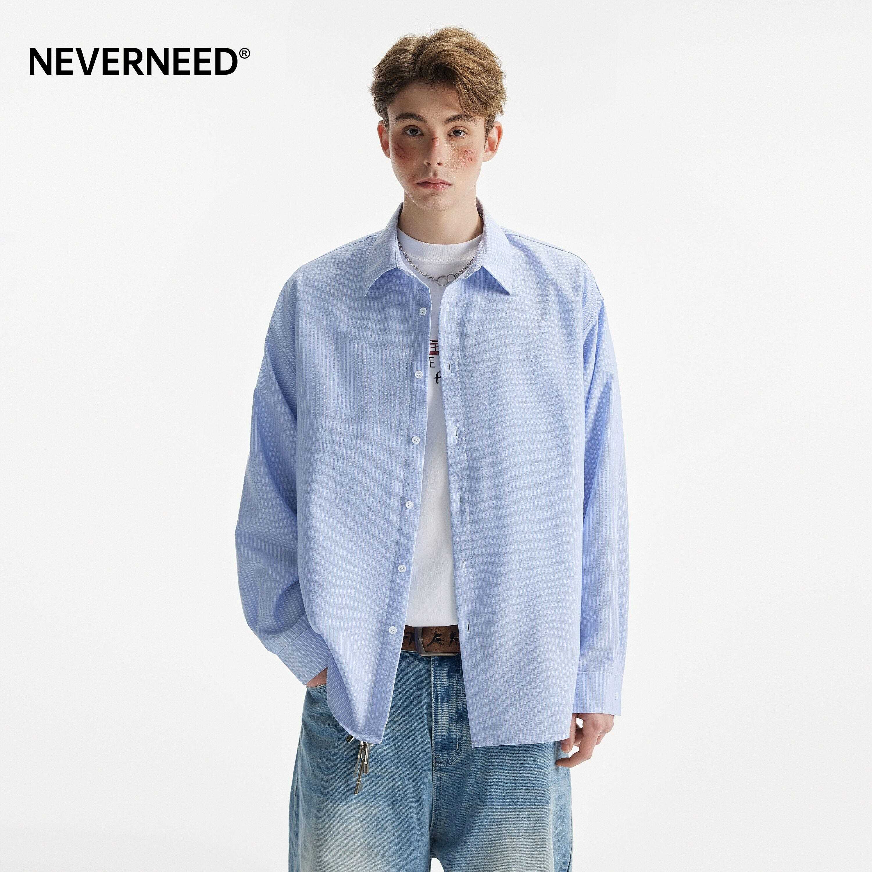 NEVERNEED竖条纹泡泡纱翻领长袖衬衫男女春季肌理感休闲衬衣外套