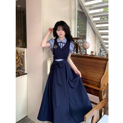 韩系甜美高级蝴蝶结系带假两件洋装夏日青春活力少女新款式裙子