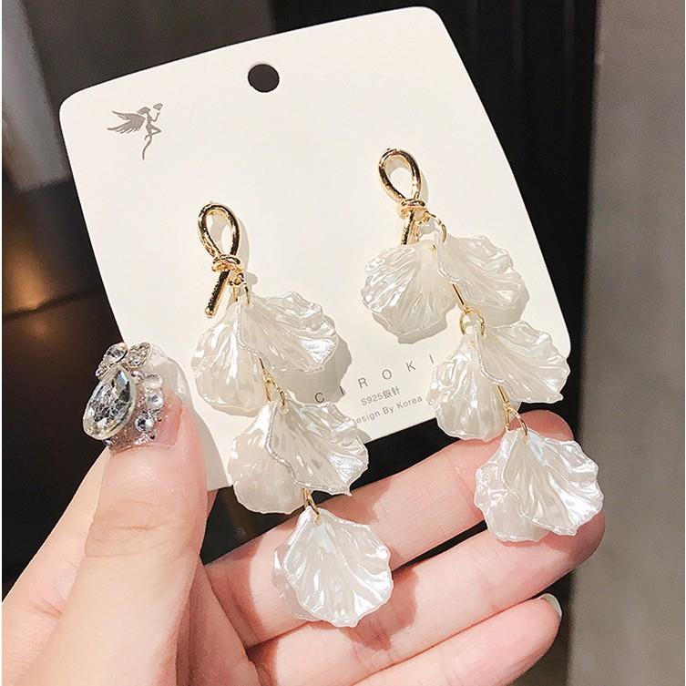 S925银针网红简约长款贝壳花耳环女清新百搭气质贝壳花流苏耳饰女