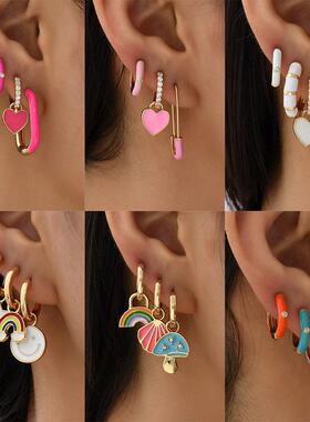 Boho Multicolor Round Piercing Huggie Earrings Set for Women