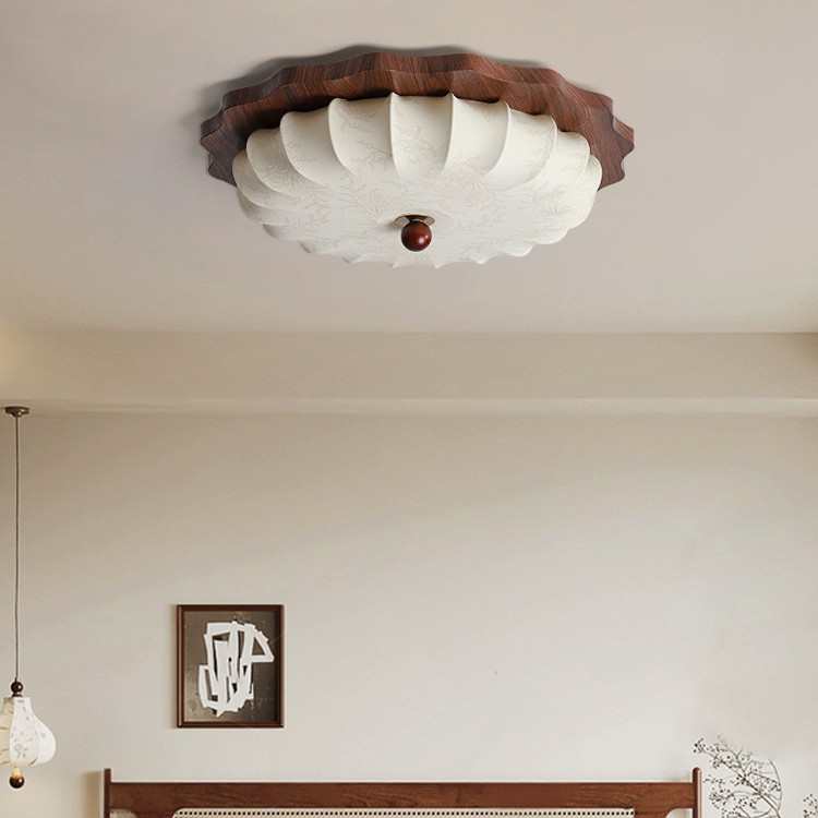 日式侘寂风布艺灯罩卧室复古吸顶灯中古胡桃木色氛围感护眼灯