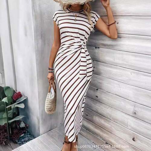 Waist Strap Striped Short Sleeve Long Dress Summer Women's