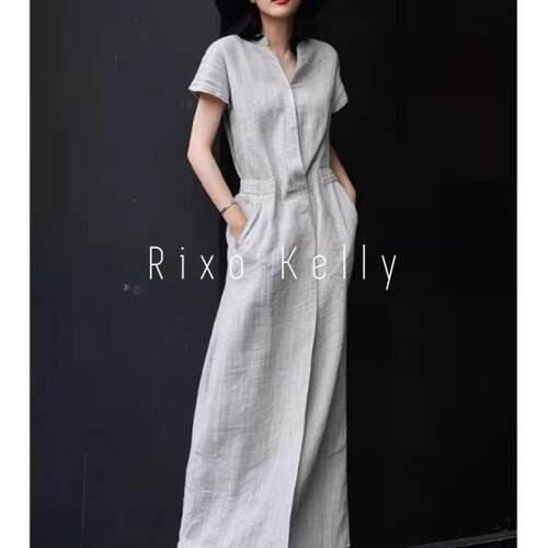 Rixo Kelly亚麻短袖连衣裙女夏季收腰显瘦宽松口袋V领棉麻长裙子