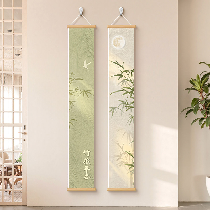 原木风客厅装饰画竹子沙发背景墙壁画玄关竖版细窄长条肌理感挂画