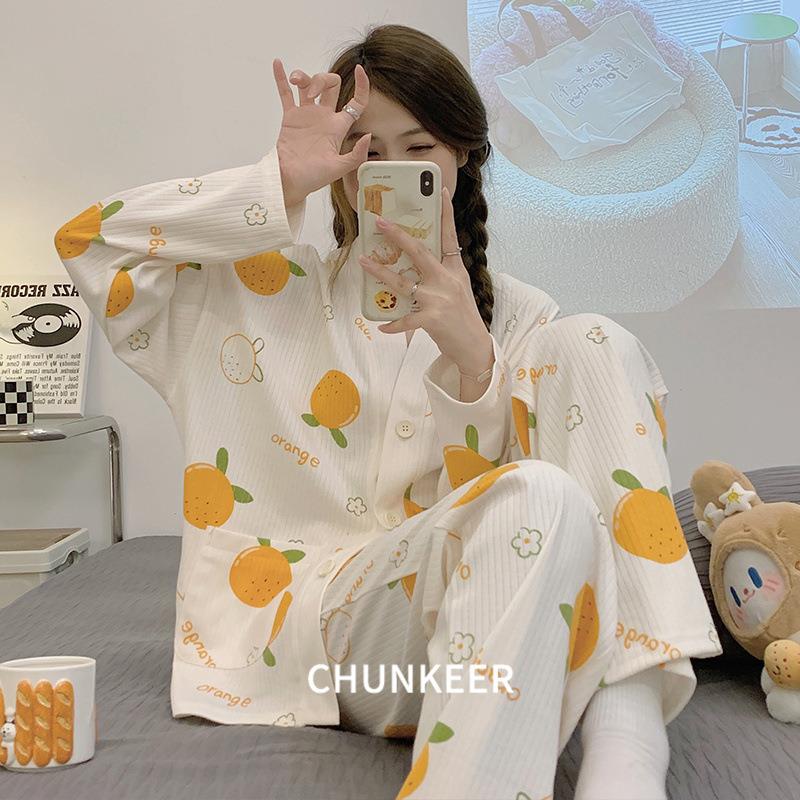 睡衣女春秋季长袖长裤可爱卡通开衫套装可外穿家居服直播可爱风