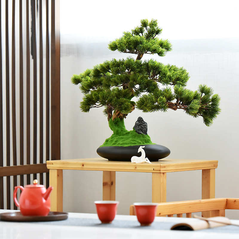 迎客松盆景仿真盆栽崖柏绿植中式客厅玄关禅意空间软装饰桌面摆设