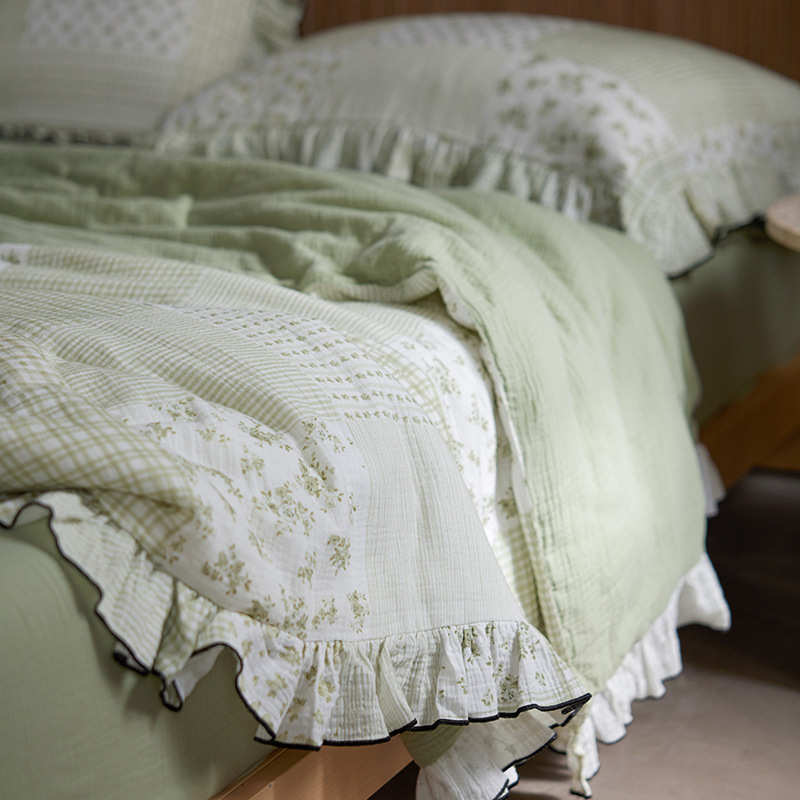 布薄被纱夏凉花边全笠双层芯棉淡雅空调清新洗被子床被百家床单机