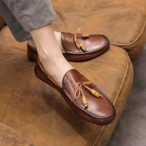 真皮流苏乐福鞋男春季新款英伦覆古休闲 皮鞋软面 面皮一脚蹬豆豆