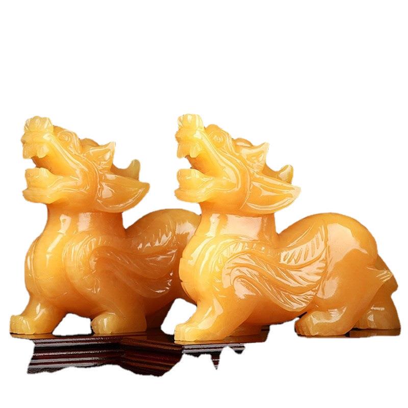 黄玉貔貅摆件一对玉石皮丘办公室家用客厅乔迁飞天手工貔恘