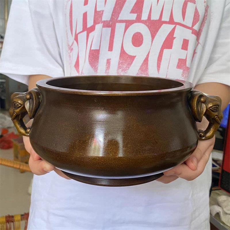 全铜苏工紫铜色复古特大象耳炉加厚重器铜炉摆件环香线香炉香薰炉