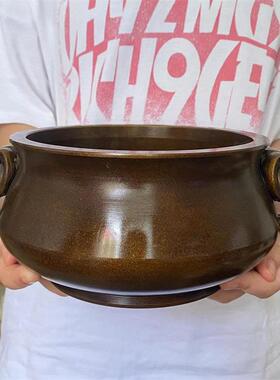 全铜苏工紫铜色复古特大象耳炉加厚重器铜炉摆件环香线香炉香薰炉