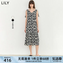 lily2024夏女装(夏女装)复古优雅气质宽松垂坠感时尚，v领显瘦连衣裙女