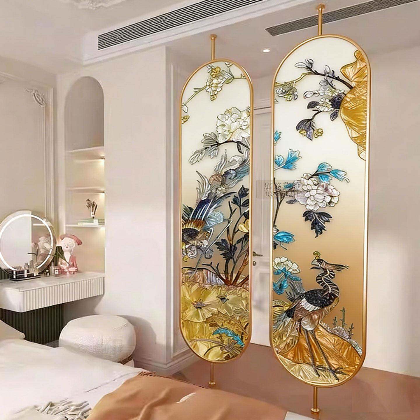 现代手工珐琅彩掐丝玄关隔断艺术玻璃屏风酒店客厅不锈钢旋转钢化