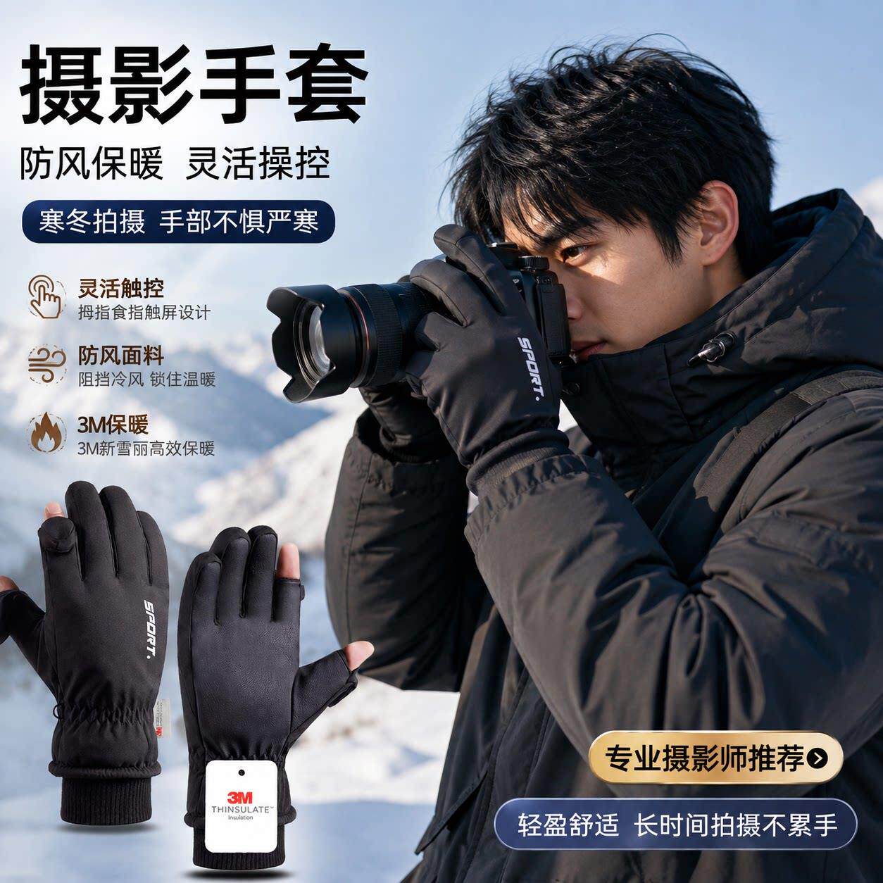 冬季摄影师专用手套无人机飞行拍照保暖户外骑行防风触屏翻指露指