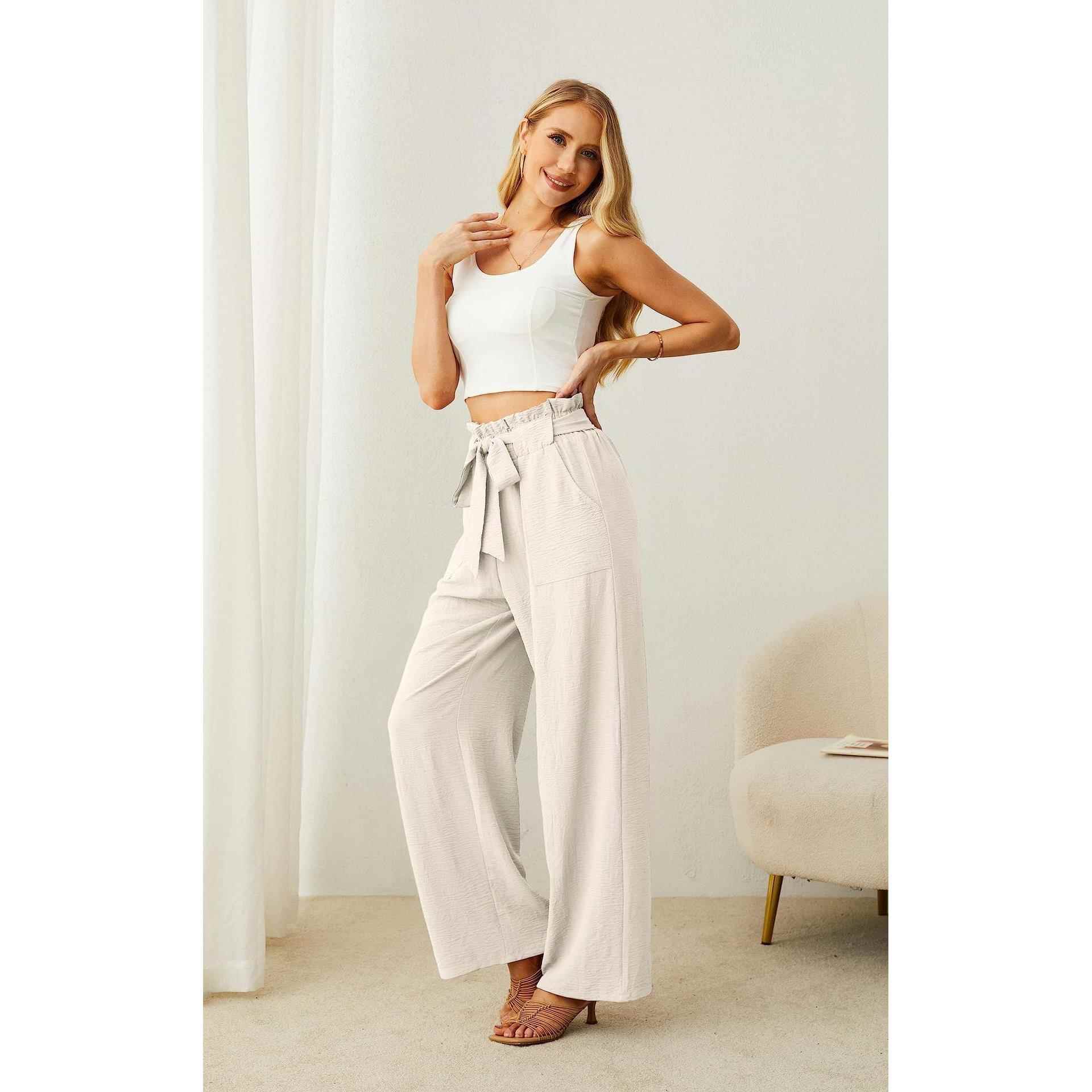 Casual Wide Leg Pants with Pockets High Waist Adjustable