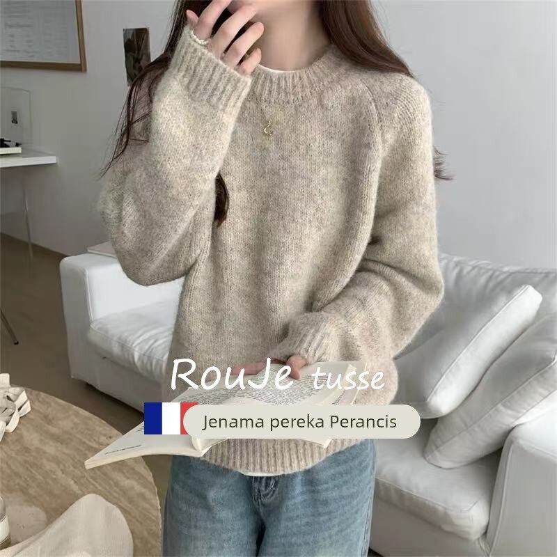 Rouje tusse羊绒圆领针织衫女秋冬内搭打底衫加厚羊毛毛衣宽松潮