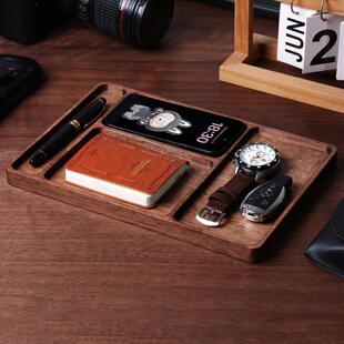 黑胡桃实木桌面收纳托盘木制桌子组织者盒咖啡茶杯木制托盘