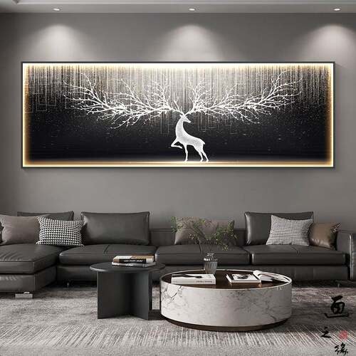 现代轻奢客厅装饰画卧室横版LED灯画发光沙发背景墙挂画一鹿壁画