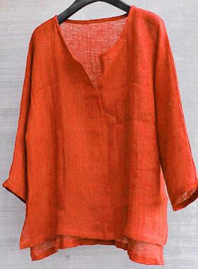 Summer Men Linen Cotton Shirt Orange Black Loose Baggy Long
