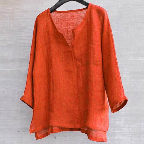 Summer Men Linen Cotton Shirt Orange Black Loose Baggy Long