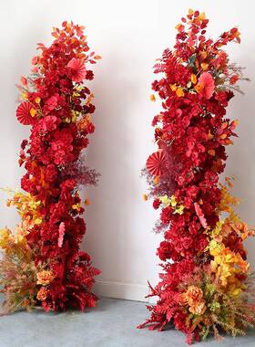 婚庆拱门秋红色花拱门摆件酒店门口迎宾花柱结婚庆典花架仿真花