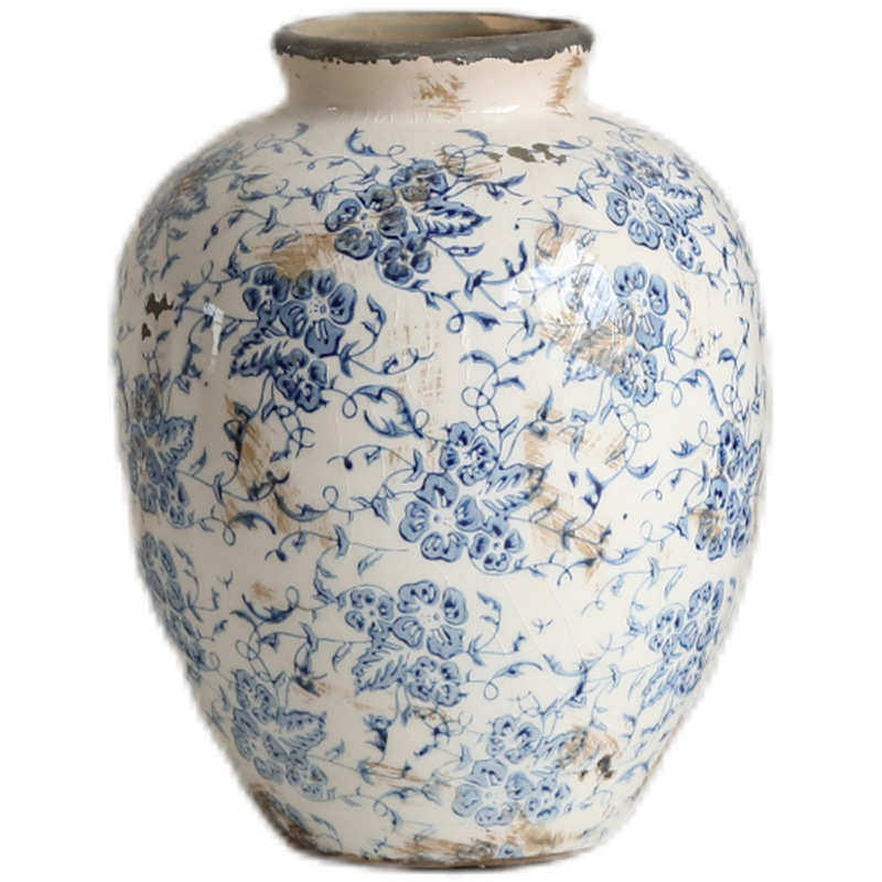 中式仿古蓝彩冰裂纹陶瓷花瓶小口大肚子青花陶瓷装饰花器摆件批发
