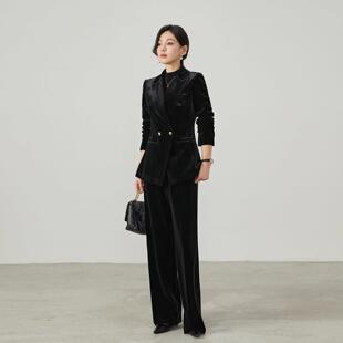 不倒绒秋冬高级感黑色丝绒修身显瘦西装套装女职业商务年会西服