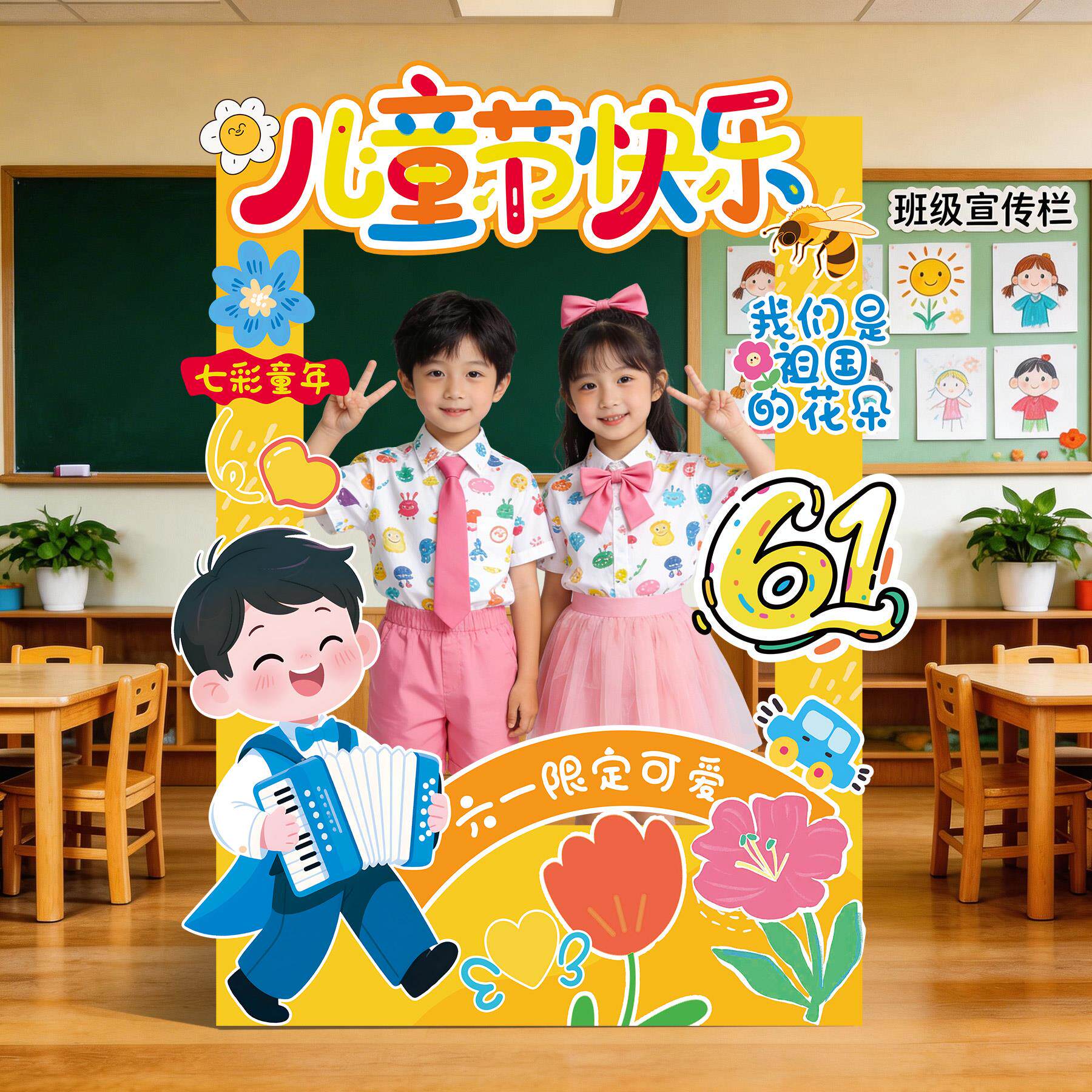 六一儿童节氛围布置场景装饰小学生拍照相框装扮道具教室路牌kt板